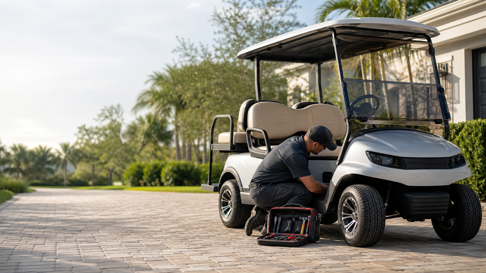 Golf cart driveway scene used to demonstrate a mobile repair website concept.